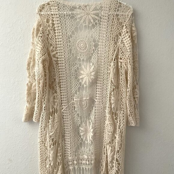 CATO FLORAL CROCHET LACE FRINGE BOHO OPEN FRONT CARDIGAN - Picture 3 of 16